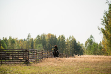 On a warm autumn day, a young girl went out to ride her mare on horseback around the farm