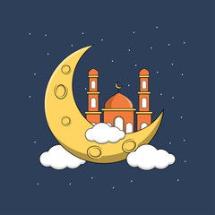 Beautiful cartoon illustration of a mosque on the moon perfect for greeting card, social media, and more. vector illustration