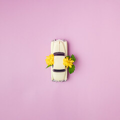 A white limousine with yellow flowers and green leaves. Pink background. Flat lay.