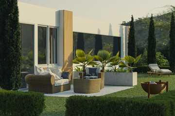 3d rendering of beautiful terrace with rattan furniture and rusty firebowl at garden