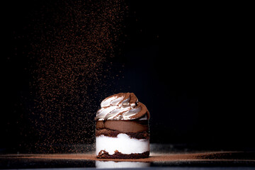 Side view of a fresh baked chocolate cake sprinkled with cocoa on countertop with dark background. Low key. Winter food and drink concept. Selective focus