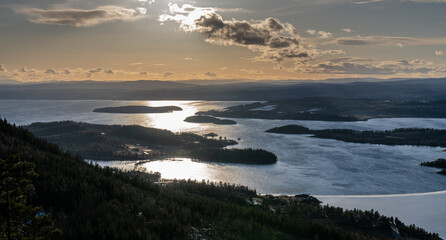 Steinsfjorden, a branch of Lake Tyrifjorden located in Buskerud, Norway. View from Kongens Utsikt (Royal View) at Krokkleiva
