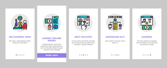 Subscription Content Onboarding Mobile App Page Screen Vector. Buying Video Game And Music, Electronic Book And Film, Subscription On Blog Or Video Channel Illustrations