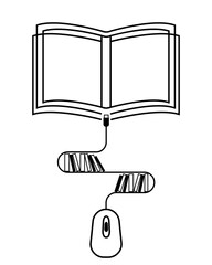 An open book, to which a computer mouse is connected, its cord in the form of a shelf with books as a symbol of the library. Audiobook icon design, distance learning, easy reading.