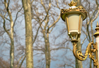 Fototapeta na wymiar 03.03.2021. istanbul turkey. vintage and retro style street lamp and painted with golden yellow in gulhane park istanbul.