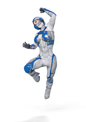 comic woman in a sci fi outfit doing a jump attack