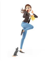 3d cartoon woman with piece of cheese scared of rat