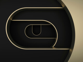 Abstract minimal dark arched shapes with golden edges; simple geometric black background with round opening and simple clean arches; luxury minimalist art deco niche; 3d rendering, 3d illustration