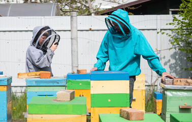 Dad and son on the apiary. Family agribusiness. boy records video as father works near hives. Online education in beekeeping and fertilization of queen bee.