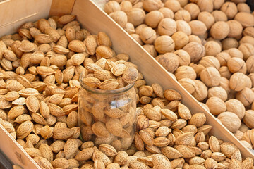 Almonds and walnuts in their shells are sold in the market. The measure of weighing with a glass jar. Close-up, full frame. The concept of harvesting, production and cultivation. Proper nutrition