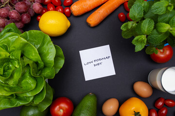 Biała karteczka na czarnym tle z napisem low FODMAP, otoczona warzywami i owocami z miejscem na tekst o diecie, zdrowym odżywianiu, nawykach żywieniowych. Flat lay - obrazy, fototapety, plakaty