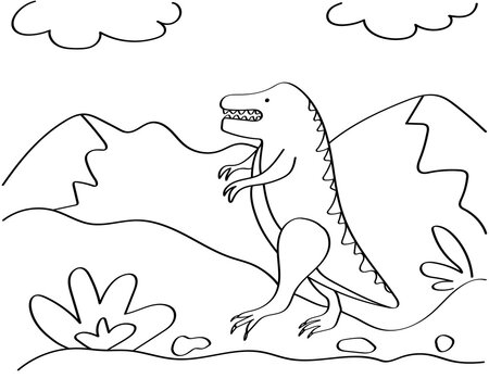 Dinosaur Hand-drawn coloring page for kids. The dinosaur is a Tyrannosaurus Rex. It can be used for children's creativity and education. Black outline isolated on a white background. 