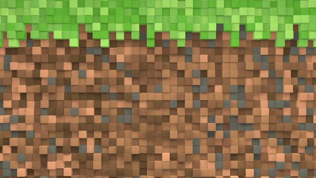 Pixel grass and ground background. The concept of minecraft games. 3D Abstract cubes. Video game geometric mosaic waves pattern. Construction of hills landscape using brown and green grass blocks