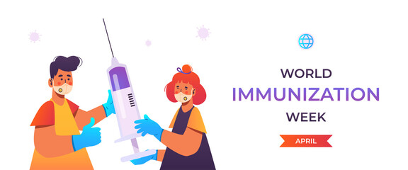 World Immunization Week. Promote immunization against vaccine-preventable diseases. People wearing protective face mask and medical gloves. Holding big syringe. Public health campaign. Isolated, flat.