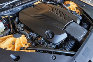 Car Engine Bay, powerful V8 sport coupe