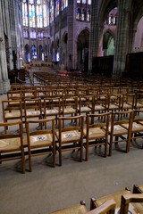 Fototapeta na wymiar The chairs disposal during the covid-19 pandemic at the Saint-Denis cathedral. the 13th April 2021, Saint-Denis, France.