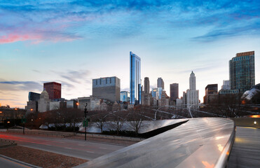 Fototapeta premium Chicago skyline after sunset showing Chicago downtown. Chicago, on Lake Michigan in Illinois, is among the largest cities in the U.S. 