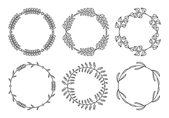 Branch circle line set. Flourish retro ornament divider. Herbal ornate doodle design elements. Vintage botanical border. Wedding invitation, greeting card, scrapbook stamp, winner wreath floral decor