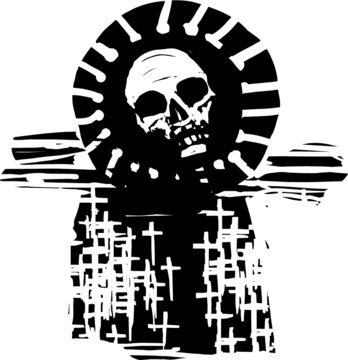 Woodcut Expressionist Style Image Of A Graveyard Of Christian Crosses With A Rising Covid Virus Sun. 