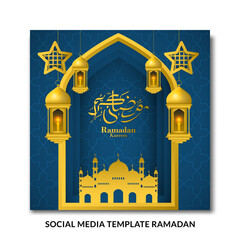 Ramadan Kareem luxury background with Mosque, arabic calligraphy, stars, moon, gold, blue color and lantern . Perfect for greeting card, banner, postcard, wallpaper. Arabic translation: Ramadan kareem