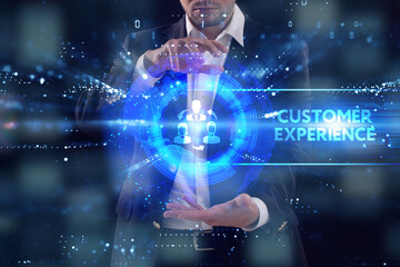 Business, Technology, Internet and network concept. Young businessman working on a virtual screen of the future and sees the inscription: Customer experience