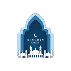 Ramadan Kareem background with Mosque, stars, moon and blue and white Paper cut style. Perfect for greeting card, banner, postcard, social media, wallpaper. 