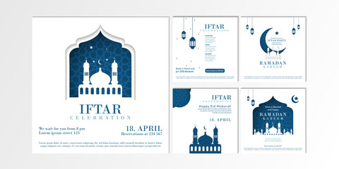 Beautiful Set Social Media Post Template of Ramadan Kareem with mosque, moon, stars, crescent, ornament, white and blue color. Perfect for banner, invitations, flyer, greeting cards, and more.