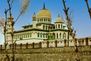 Mosque at Awantipura, about 30 km from Srinagar, on the highway to Anantnag, in Pulwama district of Kashmir, India.  The mosque, or Masjid, is situated on the banks of the Jhelum River.