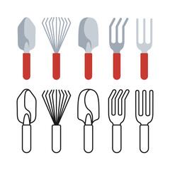 Gardening tools, shovel pitchfork and rake set. Construction equipment. Cartoon style line icon collection. Work tool for outdoor activities digging. Rural gardening. Hand drawn vector illustration