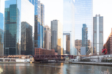 Panoramic Image of the Chicago River with the Chicago Skyline in the Background.