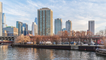 Naklejka premium Waterfront Residential Luxury Buildings in Downtown Chicago During the COVID-19 Pandemic.