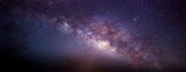 Panorama blue night sky milky way and star on dark background.Universe filled with stars, nebula and galaxy with noise and grain.Photo by long exposure and select white balance. - obrazy, fototapety, plakaty