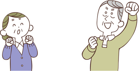 向かい合って喜ぶシニアの夫婦の上半身
