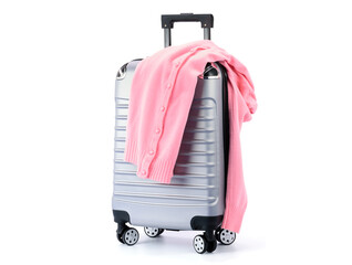 Gray suitcase with pink sweater Put on a white background