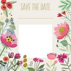 Fototapeta na wymiar Lovely Vector template Save the date with floral frame, place for a photo and space for text. Vector Floral Stylish background in a lovely color palette.