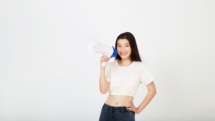 Woman holding a megaphone on white