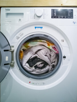 Kuala Lumpur, Malaysia - August 2019 : Free-standing Beko washing machine loaded with comforter.  Beko brand, Turkish domestic appliance and consumer electronics brand of Arcelik