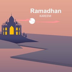 Illustration vector graphic Ramadan Kareem with mosque in the mountain at evening with moon and river. Perfect for concept of presentation, banner, cover and promotion celebration