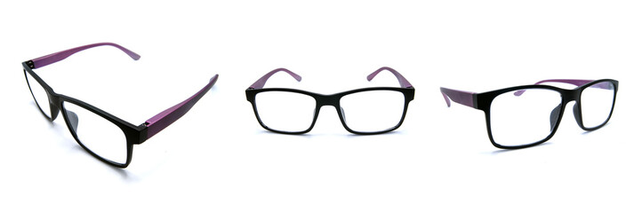 black and purple glasses on a white background in different angles