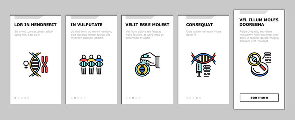 Naklejka premium Genetic Engineering Onboarding Mobile App Page Screen Vector. Animal And Human, Fruit And Meat Gmo Food, Chemical Laboratory Research And Development Genetic Illustrations