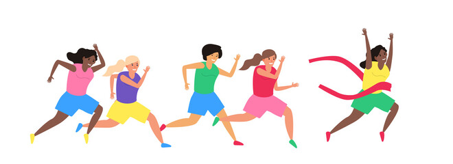 african american woman runner crossing finish line women athletic run  sprint race competition vector illustration