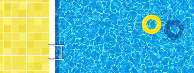 swimming pool top view summer vacation horizontal background. inflatable  ring yellow tiles water surface vector illustration