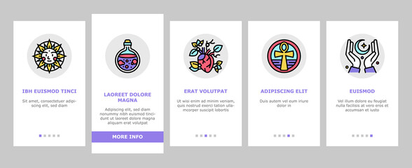 Astrological Objects Onboarding Mobile App Page Screen Vector. Crystals And Ball, Love Potion And Tarot Cards, Sun Occult Symbol And Mystical Ornament Illustrations