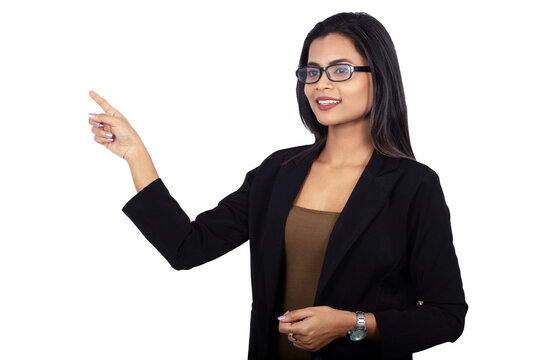 Indian Businesswoman In Black Clothes On White Background - Showing The Left Side With Her Hand