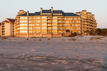 Wild Dunes Resort, South Carolina, USA - April 5, 2021. Luxury ocean view of luxury condos at sunrise, Wild Dunes Resort, Isle of Palms, South Carolina.