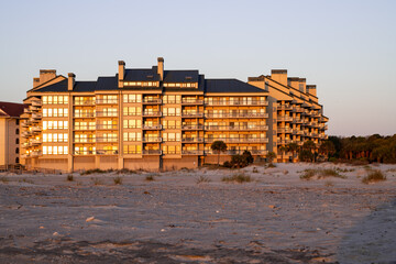 Wild Dunes Resort, South Carolina, USA - April 5, 2021. Luxury ocean view of luxury condos at sunrise, Wild Dunes Resort, Isle of Palms, South Carolina.