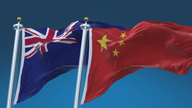 4k Seamless New Zealand and China Flags with blue sky background;A fully digital rendering;The animation loops at 20 seconds;NZL NZ CHN CN.