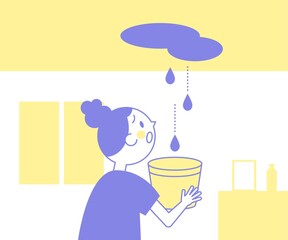 雨漏り 困っている女性 室内 天井 ベクター イラスト
