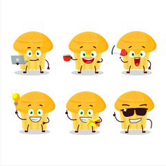 Cheese muffin cartoon character with various types of business emoticons
