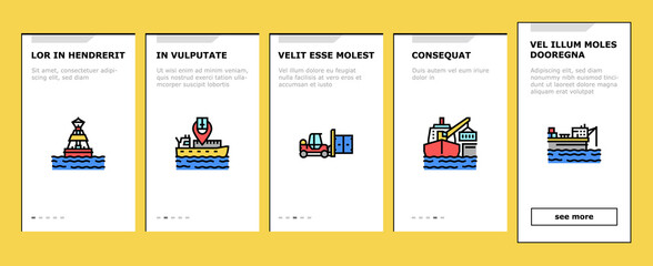 Fototapeta premium Container Port Tool Onboarding Mobile App Page Screen Vector. Port Crane Loader For Loading Boxes On Ship And Storehouse, Buoy And Lighthouse, Delivery Service Illustrations